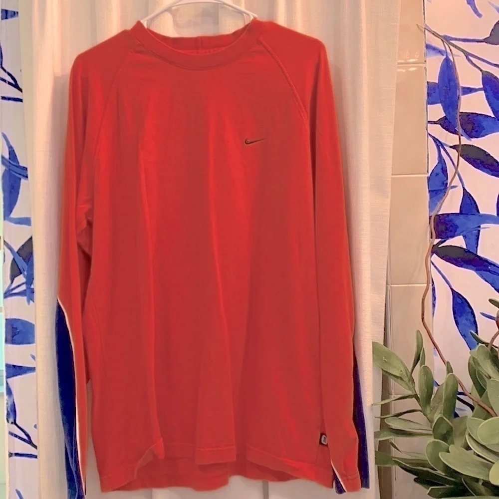 Men’s Vintage Orange and Blue Nike 100% Cotton Long Sleeve Shirt Size Large